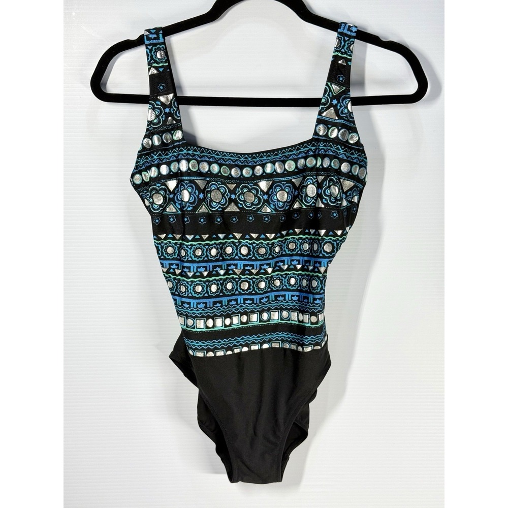 Vintage Gottex Swimsuit One Piece Womens Size 10 Deadstock Black Geometric Blue
